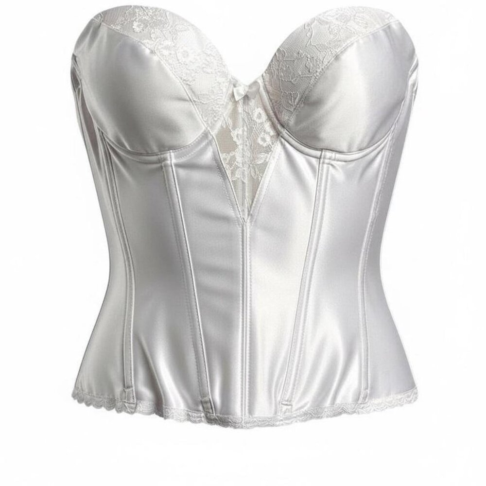 Va Bien White vintage satin corset top with lace trim and boning